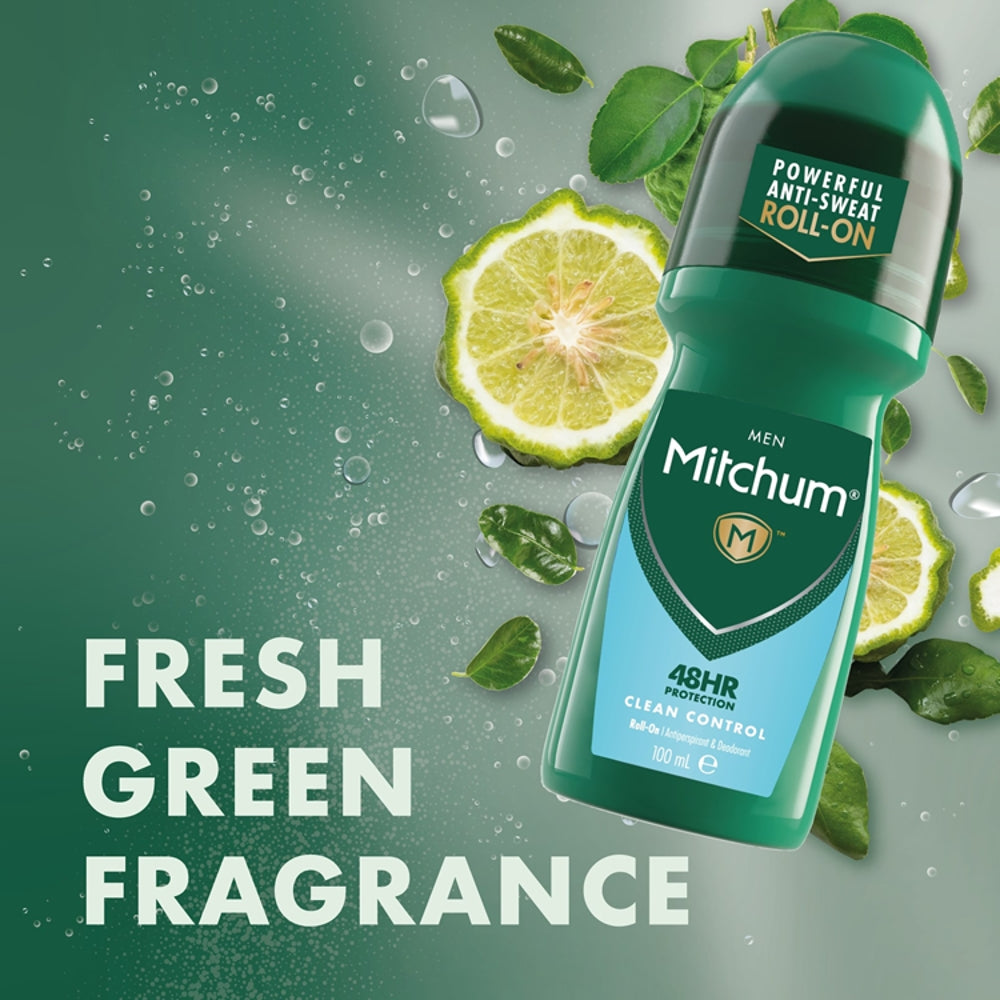 Mitchum roll-on deodorant with green leaves and lime slices on a green background