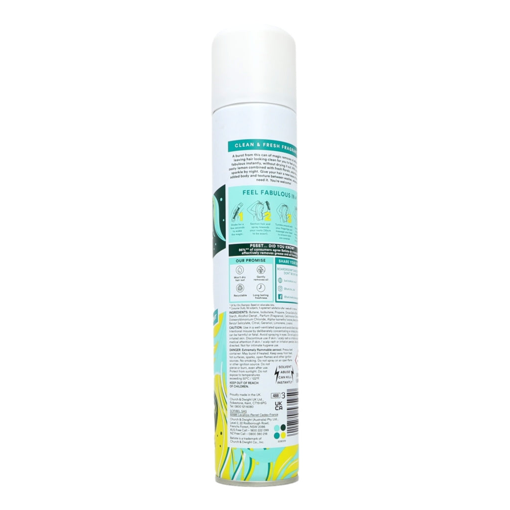 Dry Shampoo Spray can with a colorful label on a white background