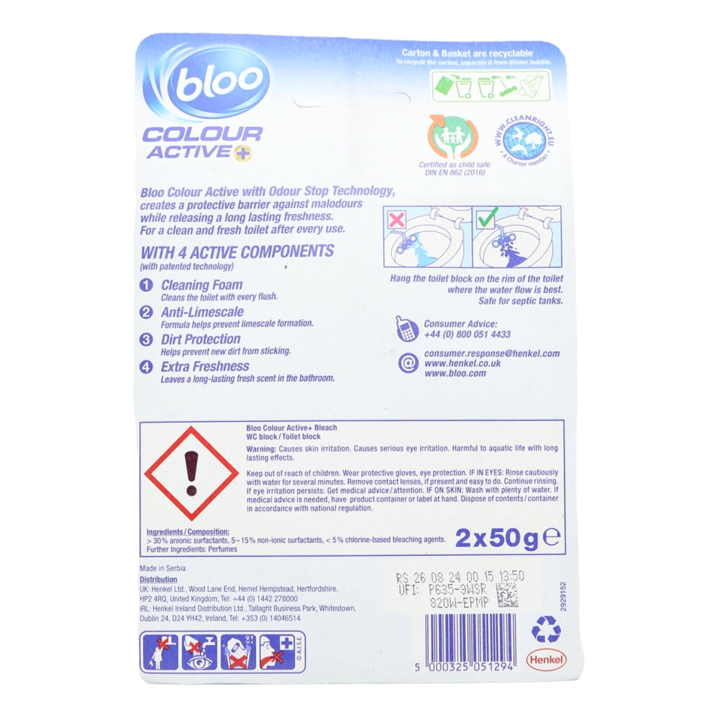 Bloo Colour Active Toilet Rim Block 2x50g Bleach