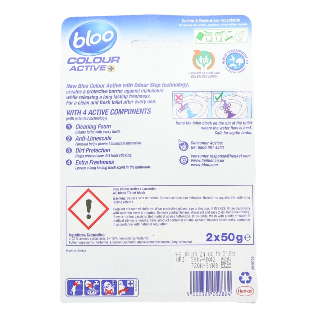 Bloo Colour Active Toilet Rim Block 2x50g Lavender