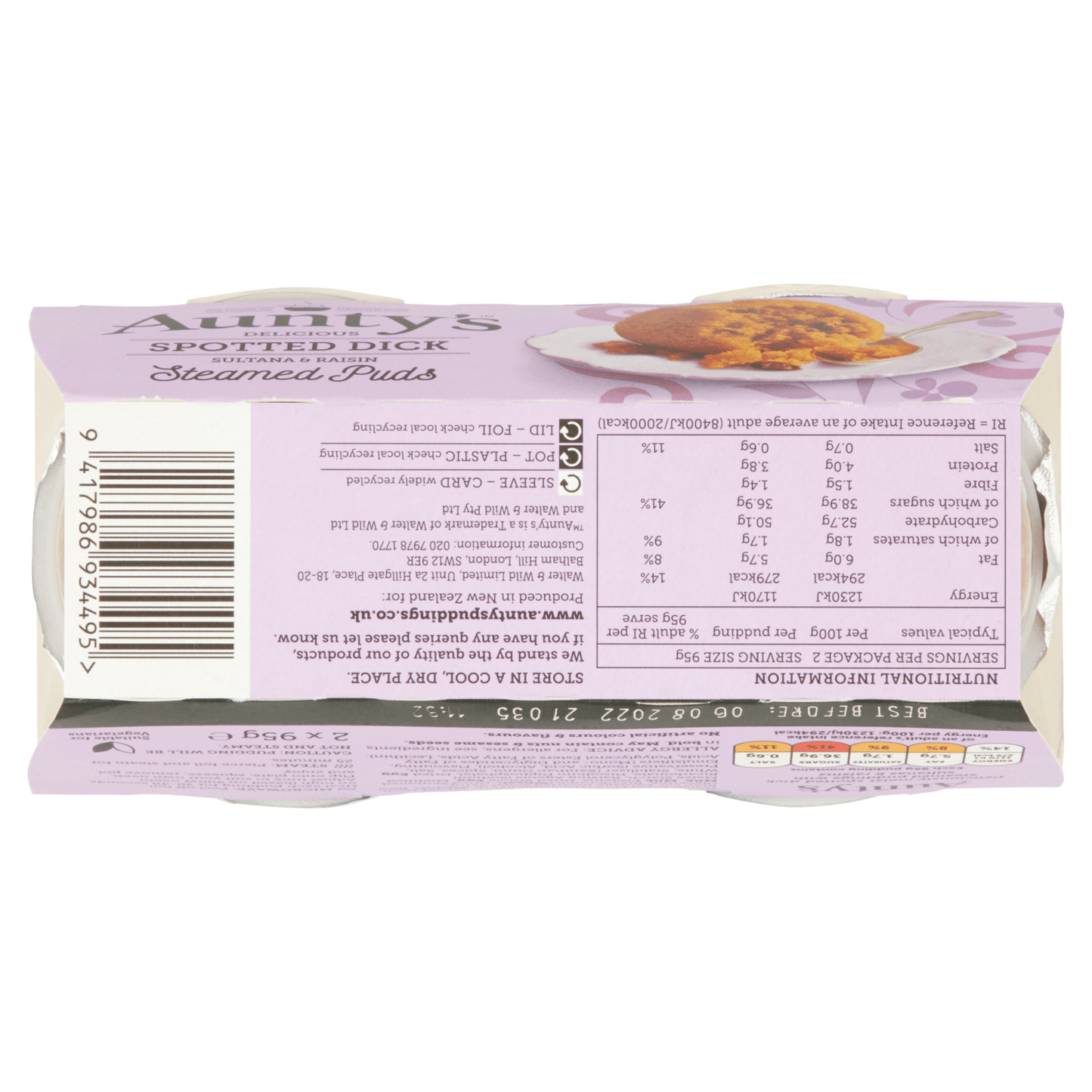 Aunty's Delicious Spotted Dick Sultana & Raisin Steamed Puds 2 x 95g - UK Food & Drink - 9417986934495