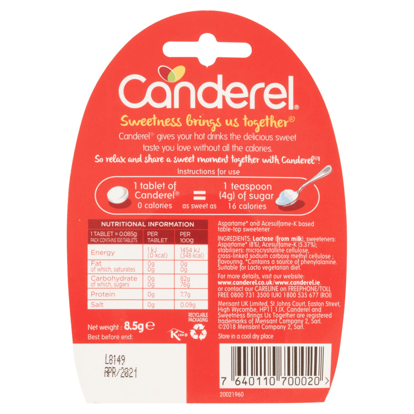 Canderel 100 Tablets 8.5g - UK Food & Drink - 7640110700020