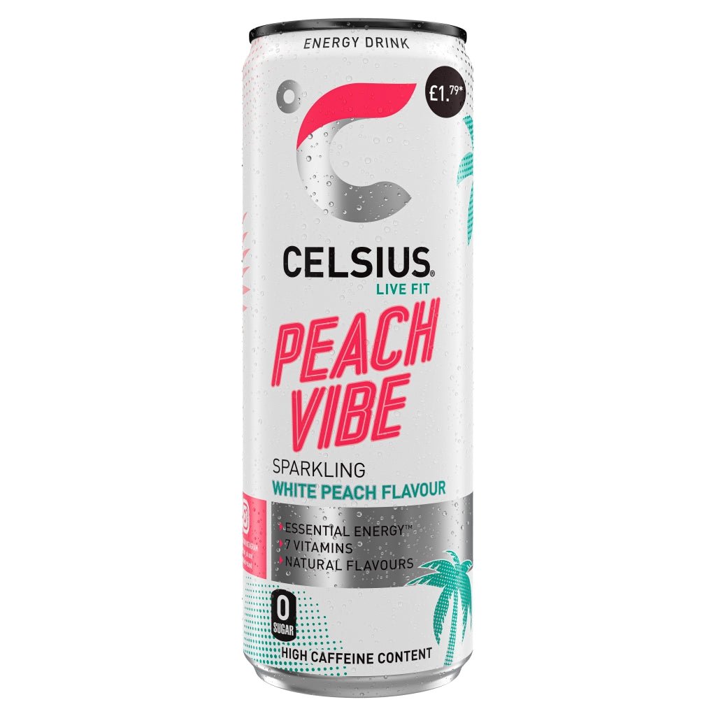 Celsius Live Fit Peach Vibe Sparkling White Peach Flavour Energy Drink 355ml - UK Food & Drink - 6430056289793