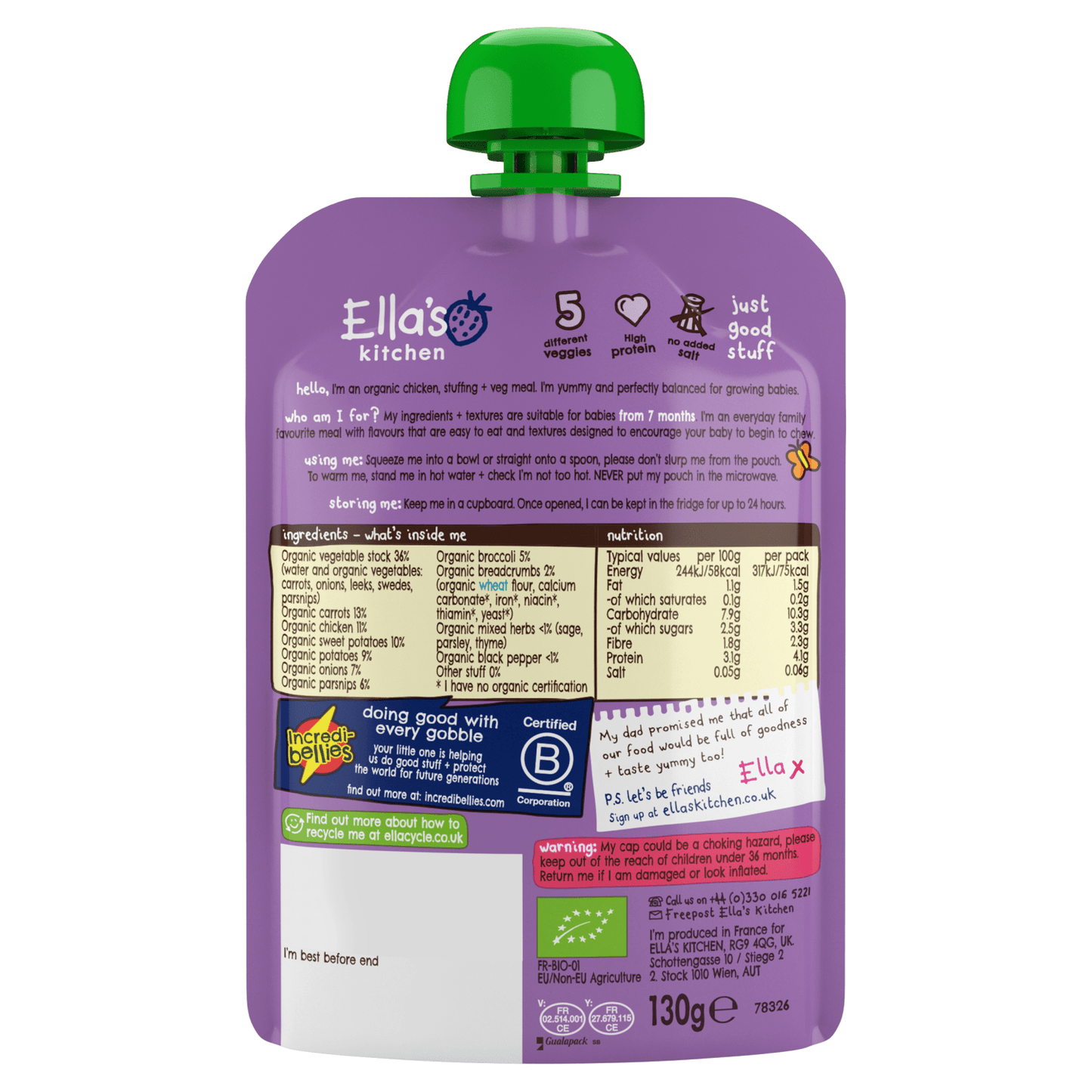 Ella's kitchen Cherry Chicken Roast Dinner with Stuffing 7+ Months 130g - UK Food & Drink - 5060107333895