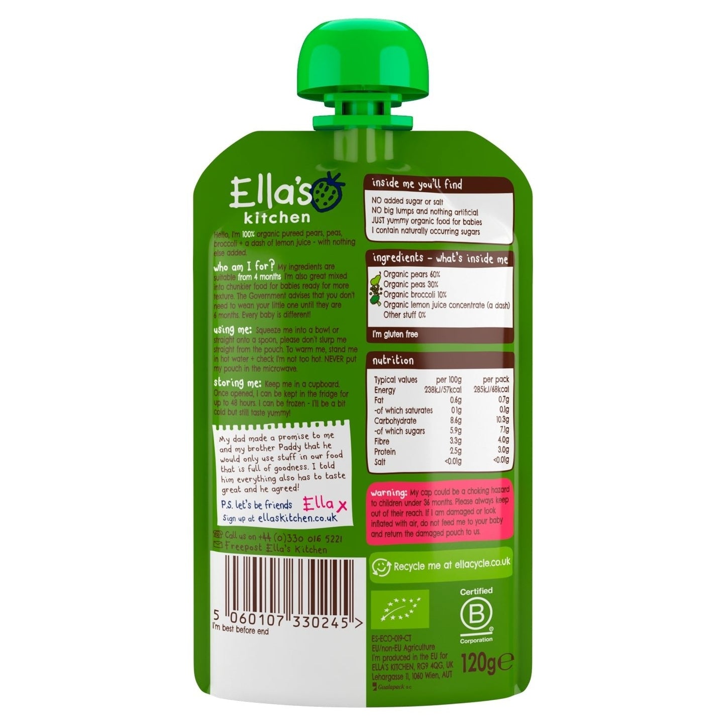 Ella's Kitchen Pears Peas + Broccoli from 4 Months 120g - UK Food & Drink - 5060107330245