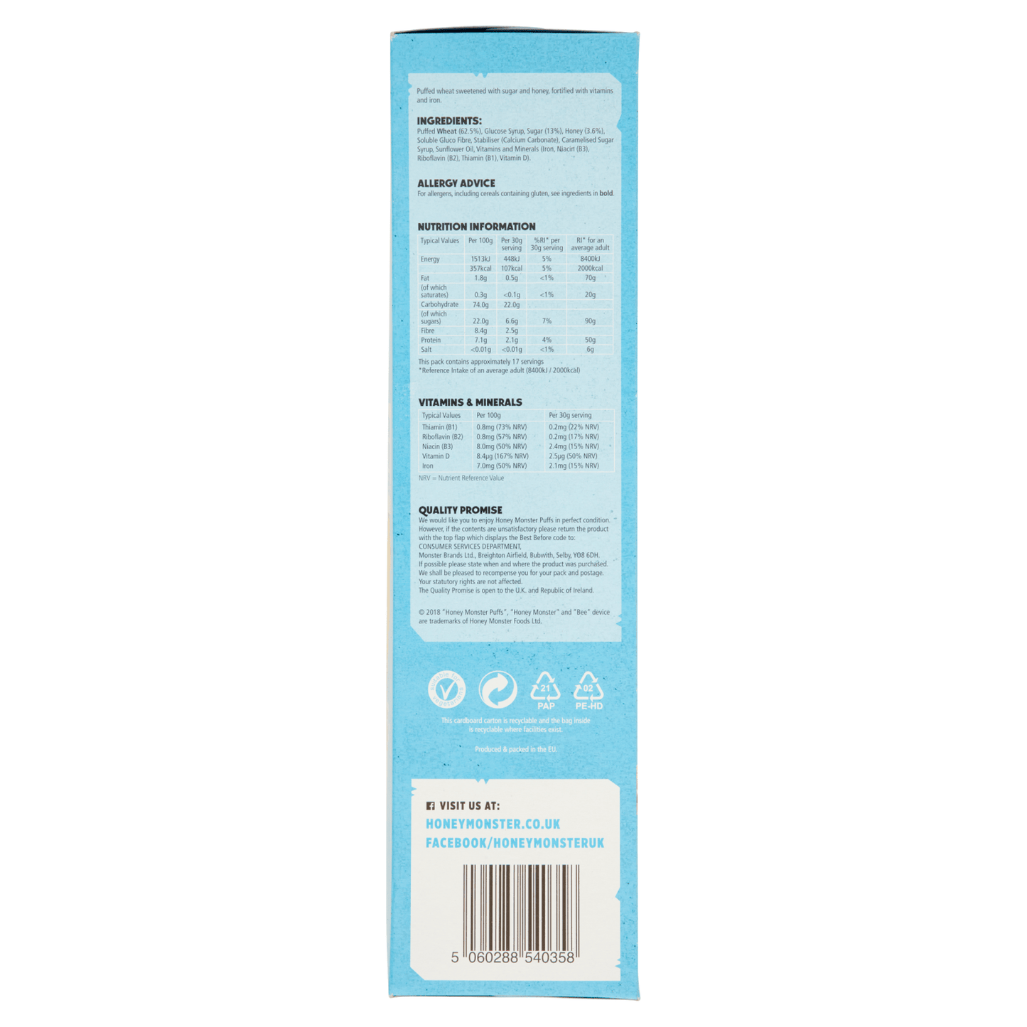 Honey Monster Wheat Puffs 520g - UK Food & Drink - 5060288540358