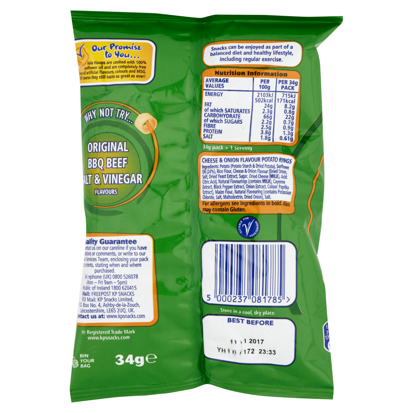 Hula Hoops Cheese & Onion Crisps 34g - UK Food & Drink - 5000237081785