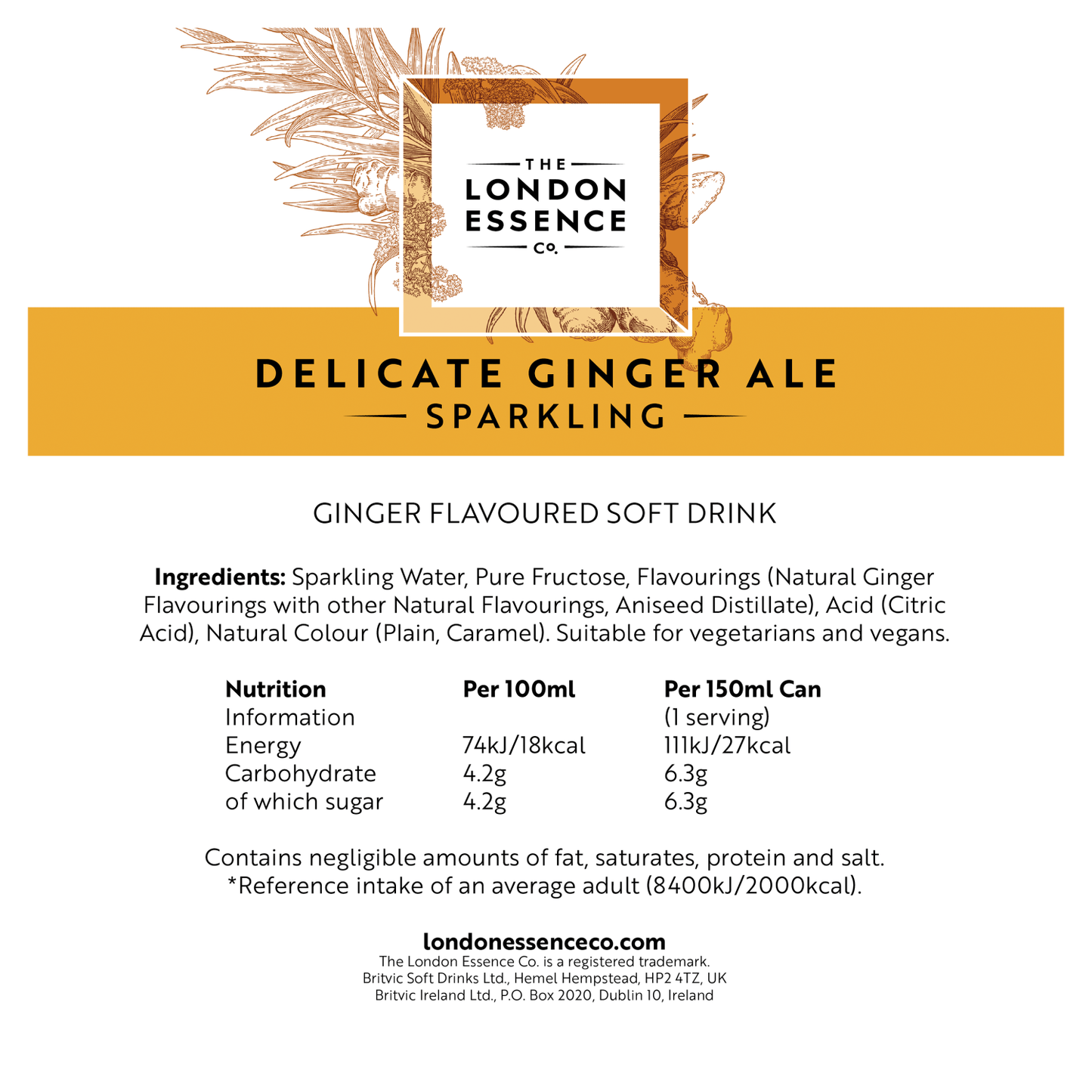 The London Essence Co. Sparkling Delicate Ginger Ale 6 x 150ml - UK Food & Drink - 5010102243842