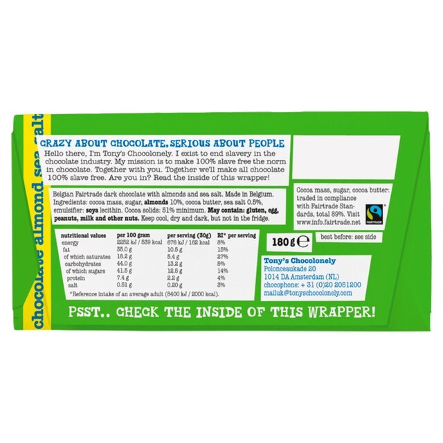 Tony's Dark Chocolate 61% Almond Sea Salt 180g - UK Food & Drink - 8717677339877