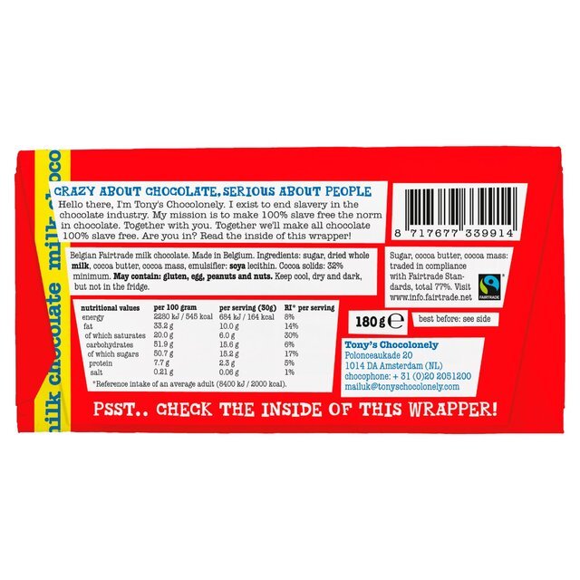 Tony's Milk Chocolate Bar 180g - UK Food & Drink - 8717677339914