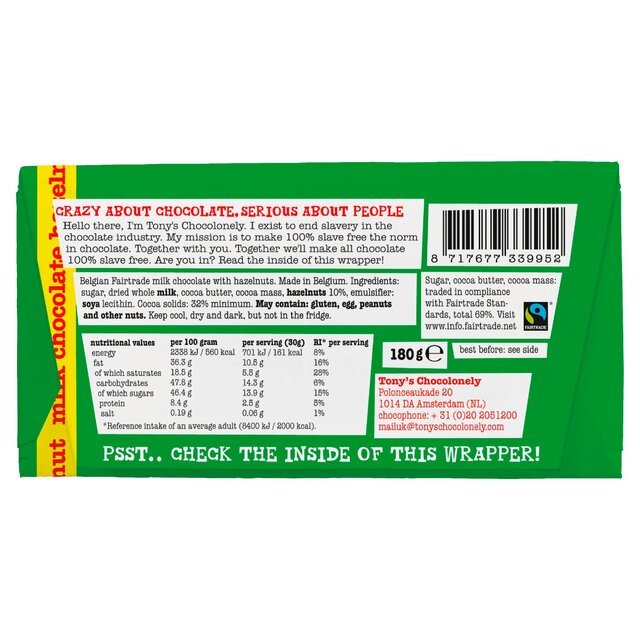 Tony's Milk Chocolate Hazelnut Chocolate Bar 180g - UK Food & Drink - 8717677339952