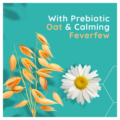 Floral design with oats and a daisy on a teal background, featuring text about prebiotic oat and calming feverfew.