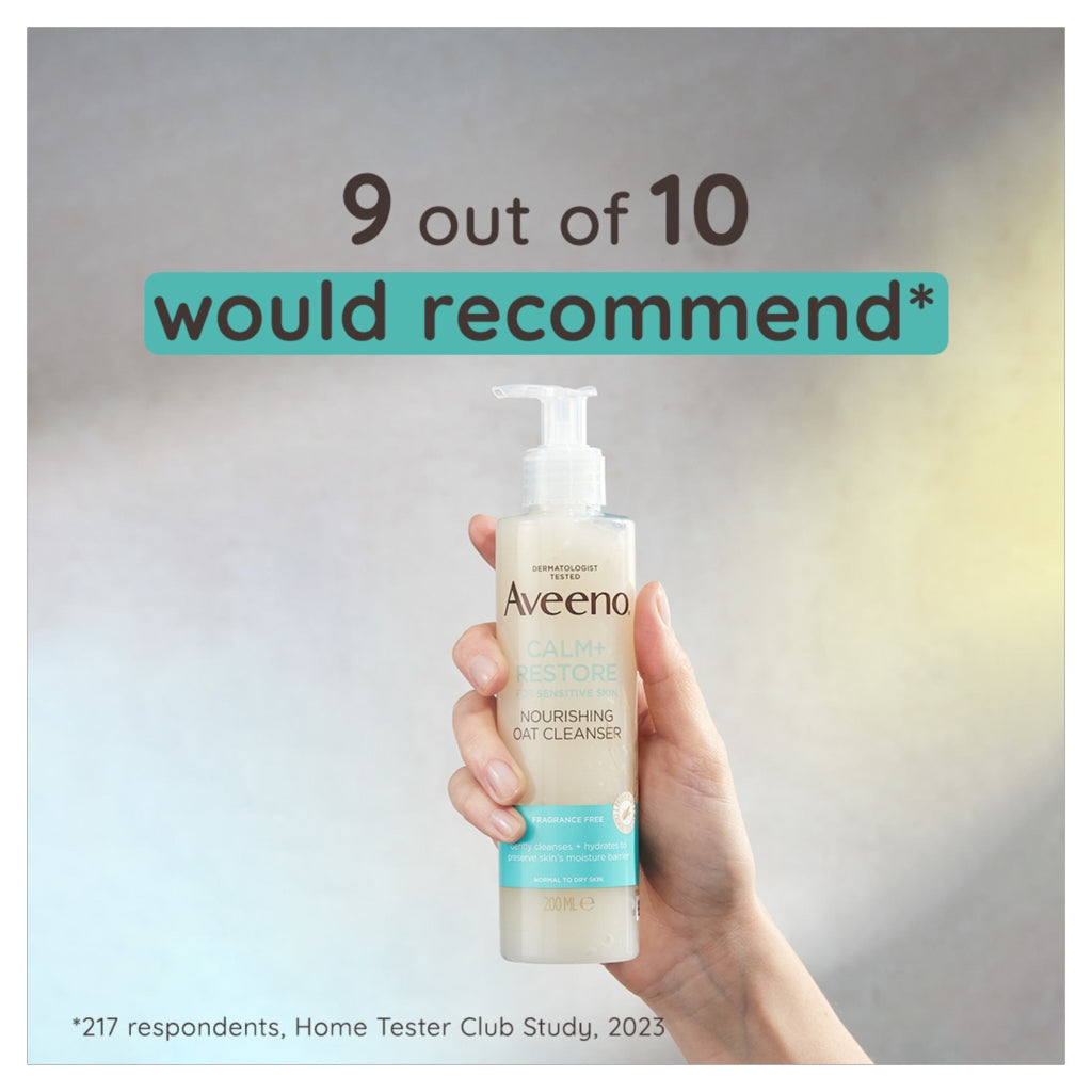 Hand holding Aveeno product with text '9 out of 10 would recommend' on a gray background