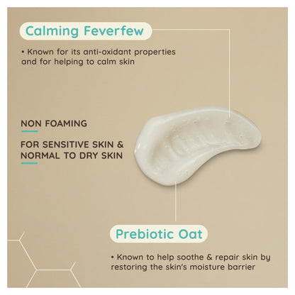 Product description card with text about Calming Feverfew, Non Foaming, Prebiotic Oat, and a swatch of cream on a beige background.