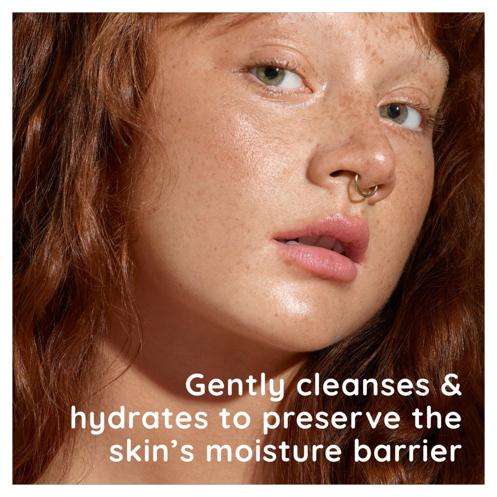 Close-up of a person with text about skincare benefits