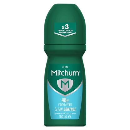 Mitchum men's deodorant roll on with a white background