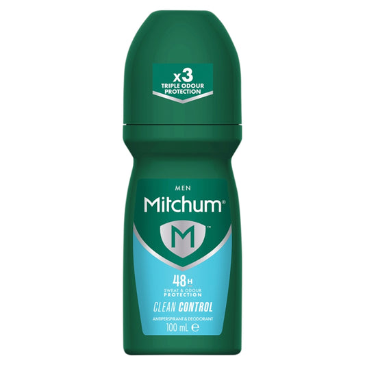Mitchum men's deodorant roll on with a white background
