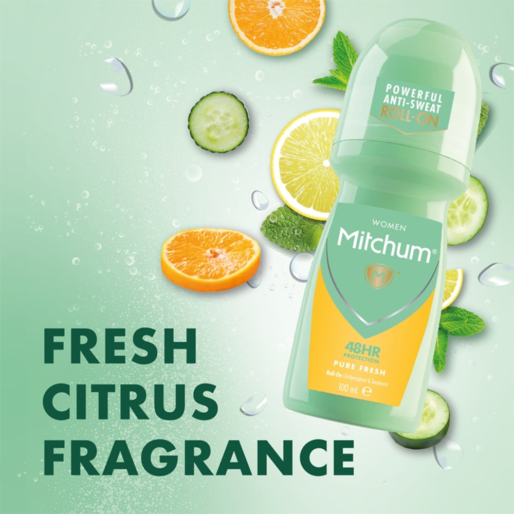 Picture of Mitchum with a green background and text 'Fresh Citrus Fragrance'