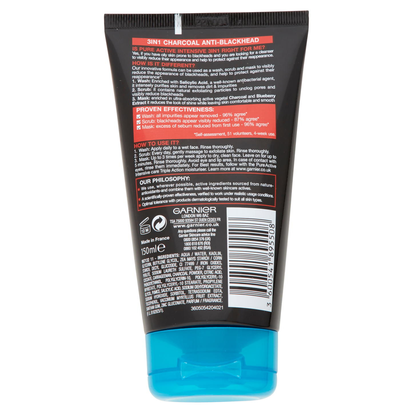 Garnier Pure Active 3in1 150ml Intensive Charcoal Anti-Blackhead Mash