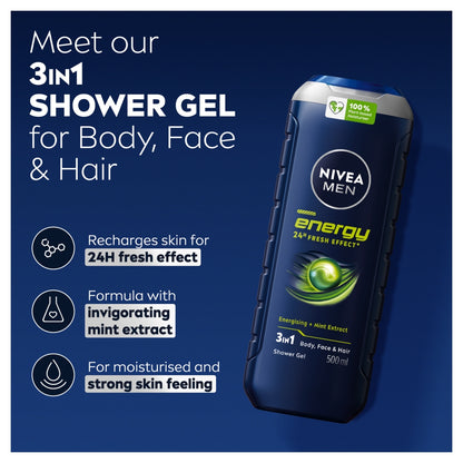 Nivea Men shower gel bottle with product features on a blue background