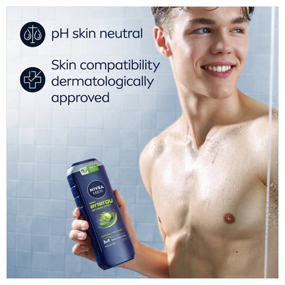 Man holding a Nivea Men energy product with text about pH skin neutrality and dermatological approval.