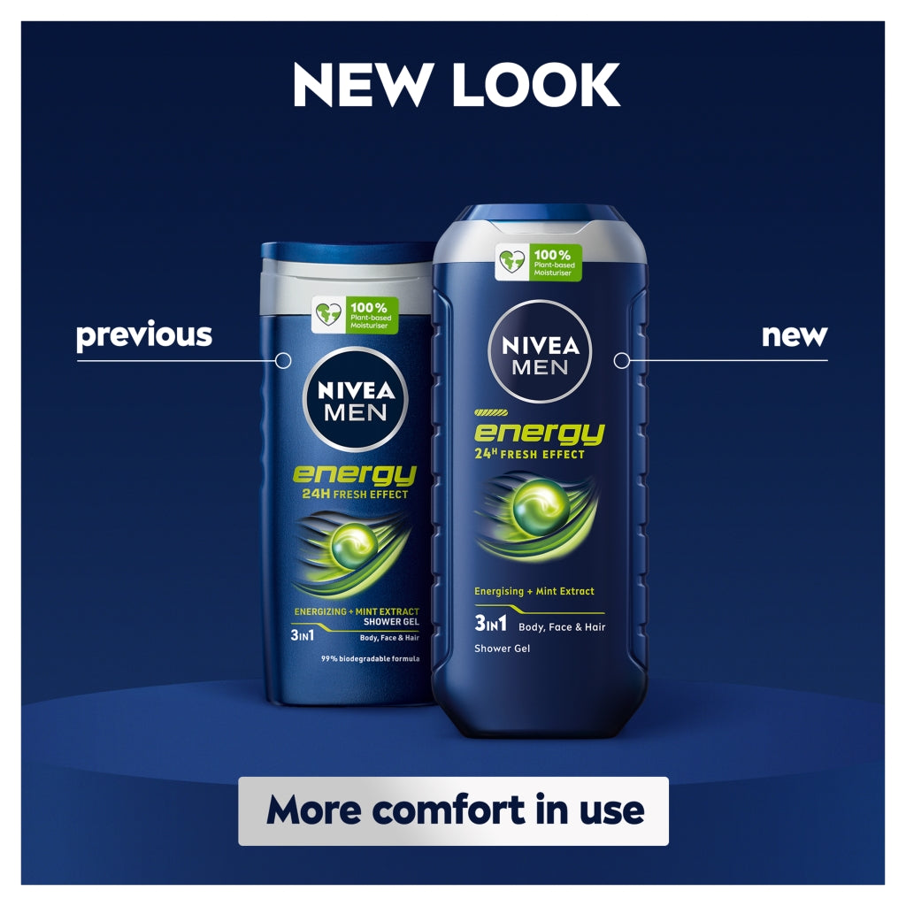Nivea Men Energy shower gel with 'New Look' text on a blue background