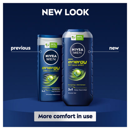 Nivea Men Energy shower gel with 'New Look' text on a blue background