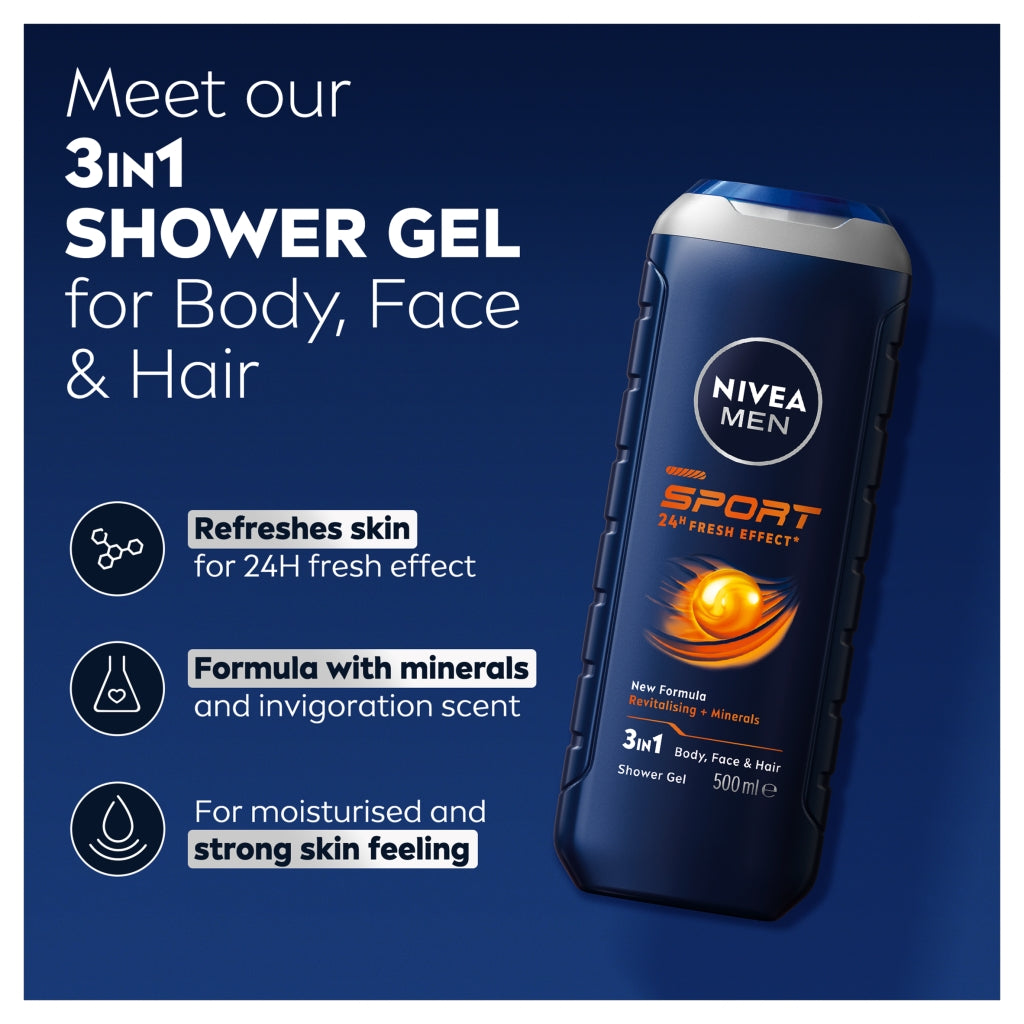Nivea Men Sport 3-in-1 shower gel packaging on a blue background with text highlighting features.
