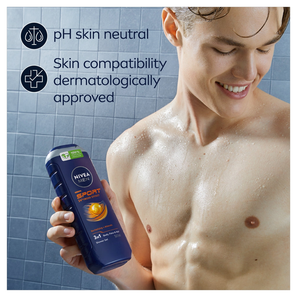 Man holding Nivea Sport body wash with product features highlighted on a tiled background