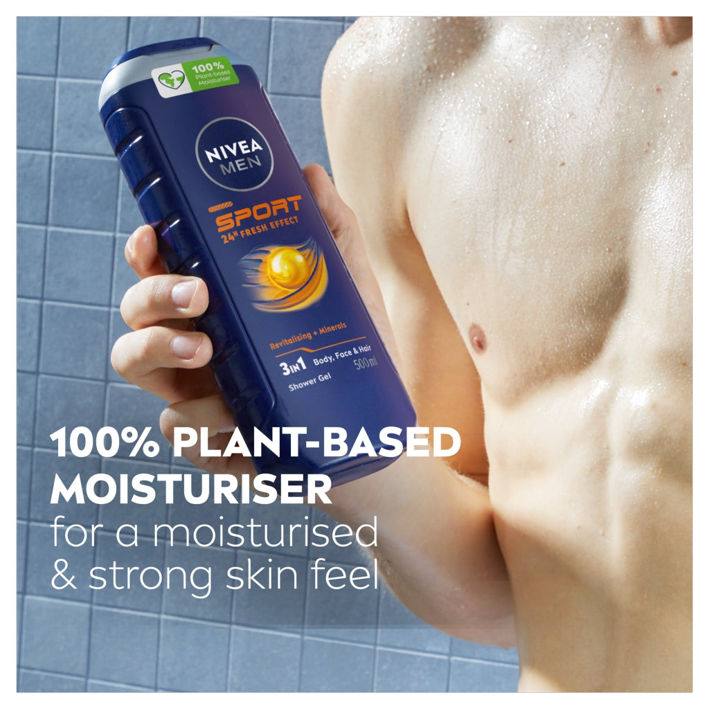 Nivea Men Sport shower gel being held by a person with a tiled background
