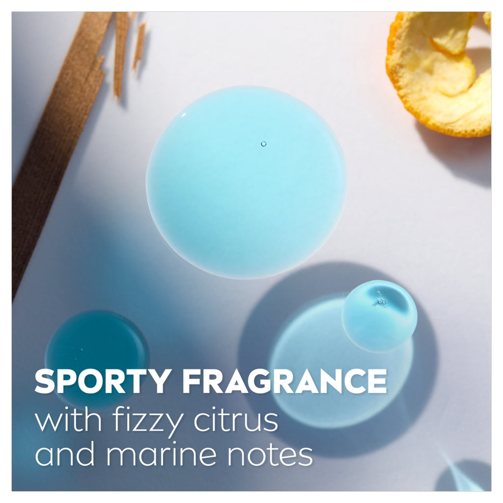 Blue fragrances with text 'Sporty Fragrance with fizzy citrus and marine notes' on a light background