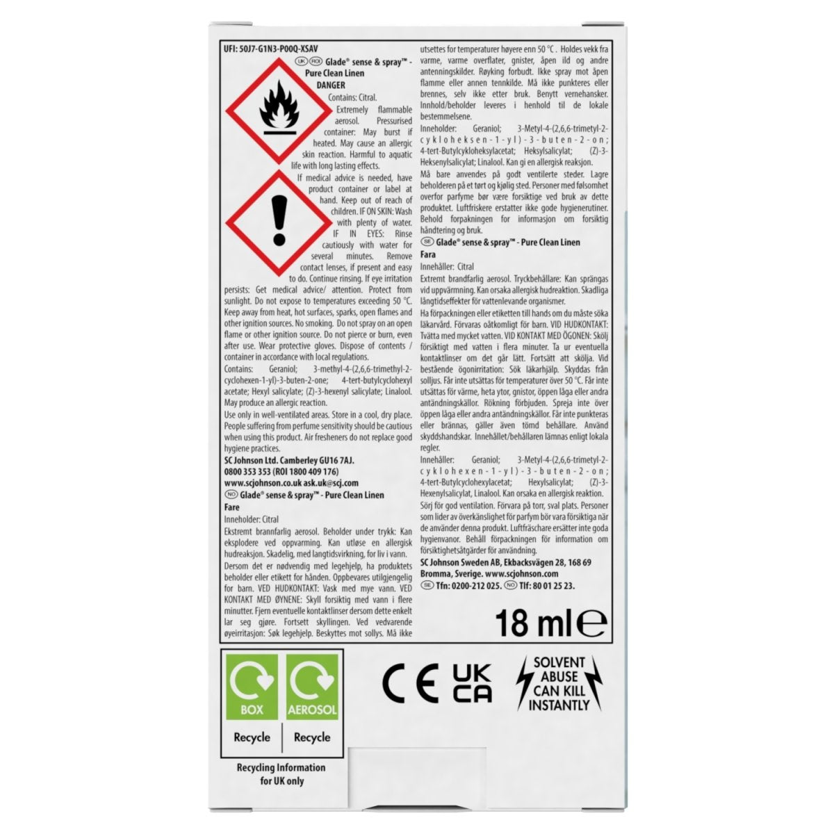 Glade Sense & Spray Holder 18ml Clean Linen