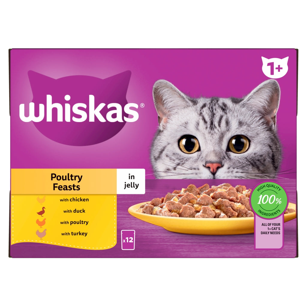 Buy Whiskas 1+ Adult Wet Cat Food Pouches Poultry Feasts In Jelly online at Intamarque Wholesale – Trusted FMCG distributor