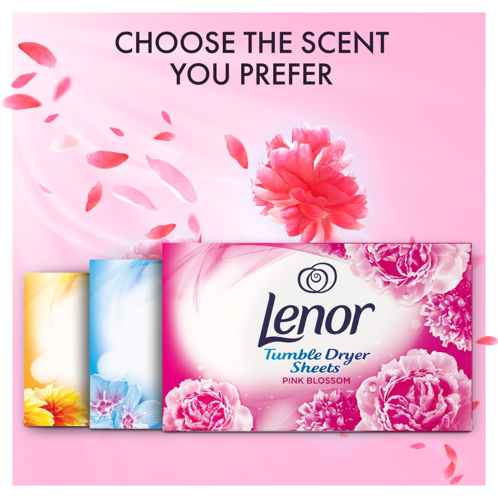 Lenor Tumble Dryer Sheets packaging with floral design on a pink background
