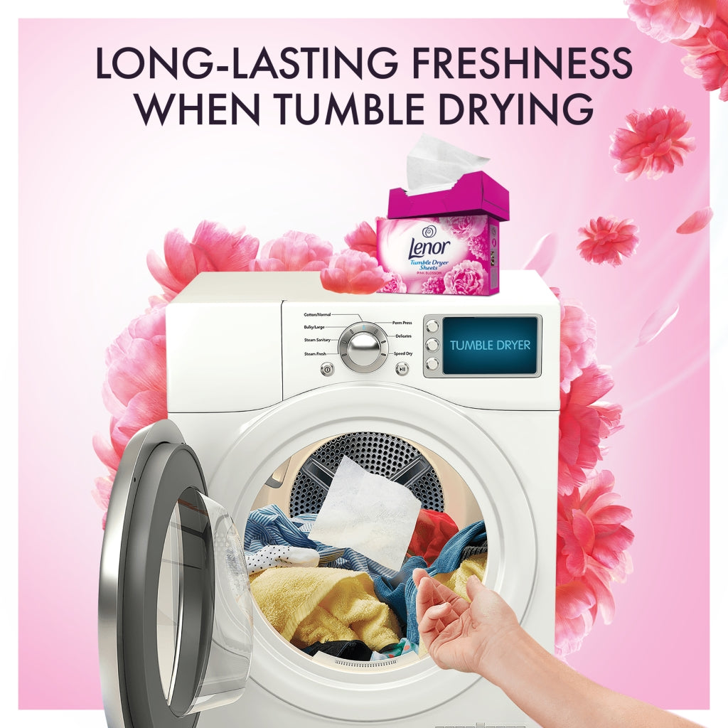 Lenor dryer sheet packaging on a dryer with flowers and text about long-lasting freshness.