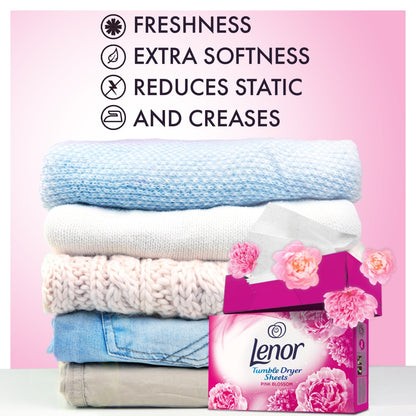 Lenor fabric softener sheets packaging with a stack of folded clothes on a pink background