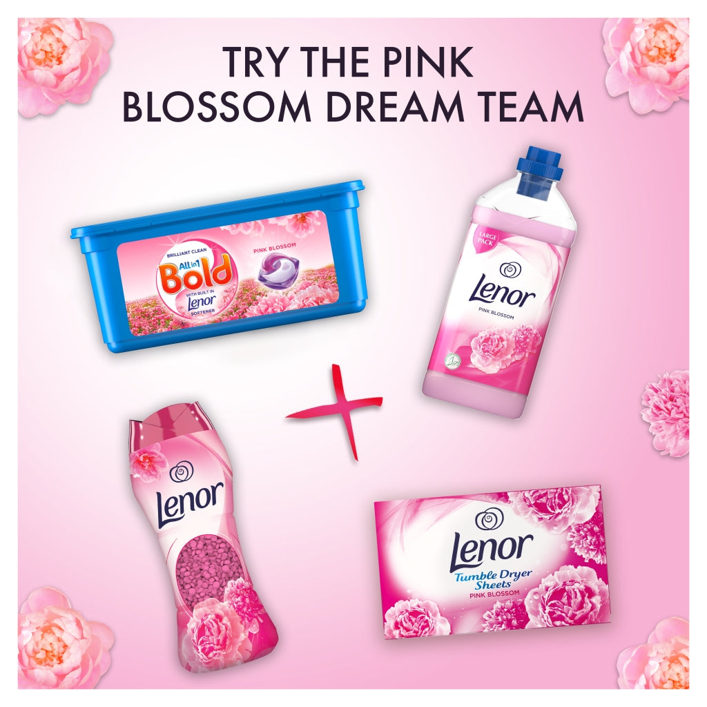 Lenor laundry products on a pink background with floral elements
