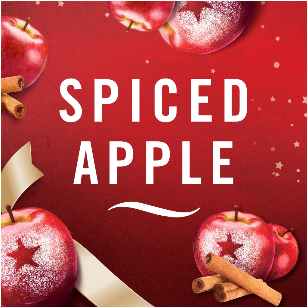 Spiced apple flavor text with red apples and cinnamon sticks on a red background