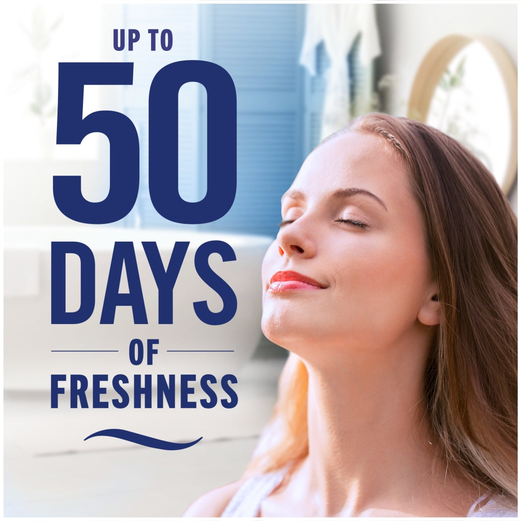 Woman with eyes closed, text 'Up to 50 Days of Freshness' on a light background