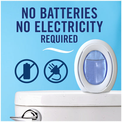 Light fixture with 'No Batteries No Electricity Required' text and symbols on a blue background