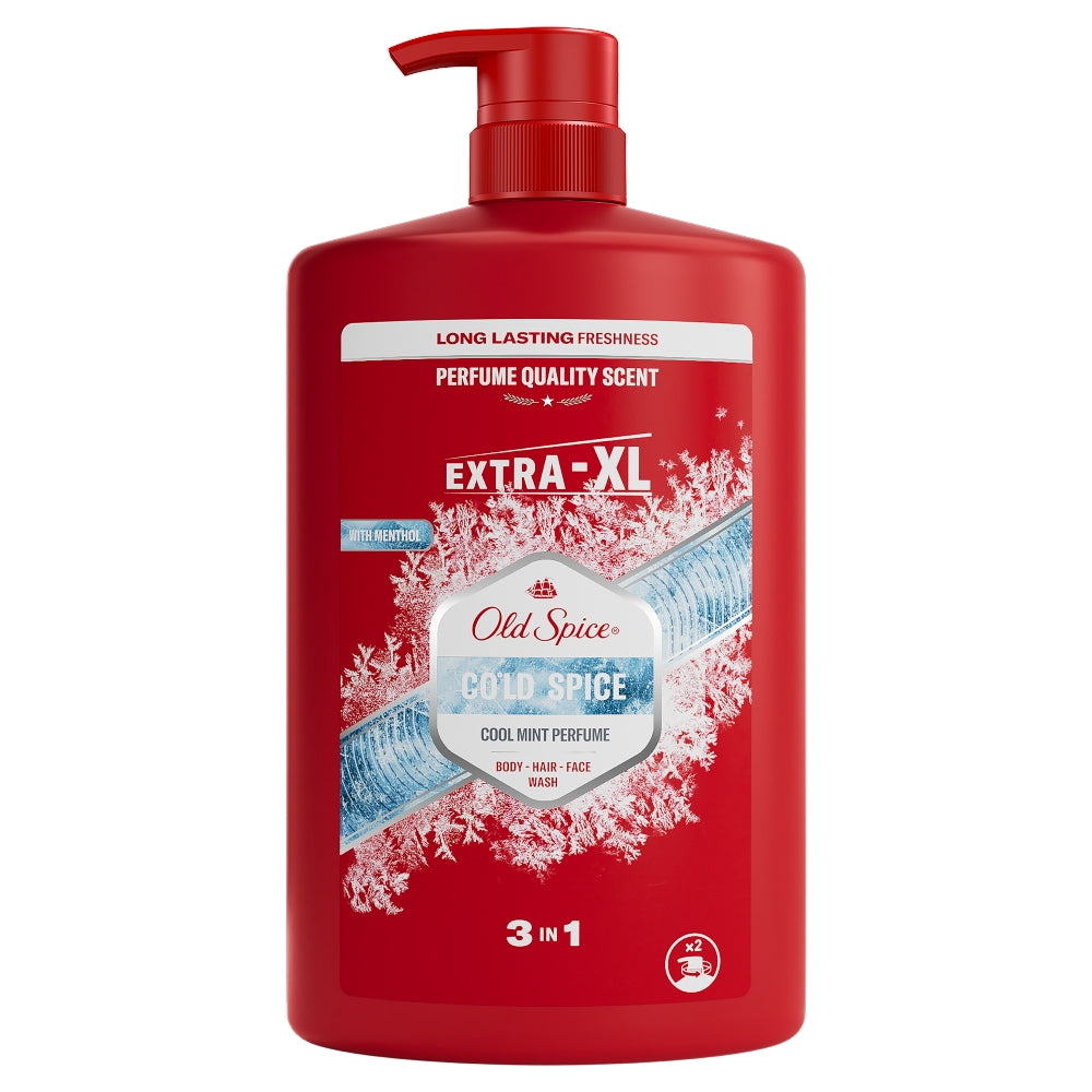 Red bottle of Old Spice Cold Spice body wash on a white background