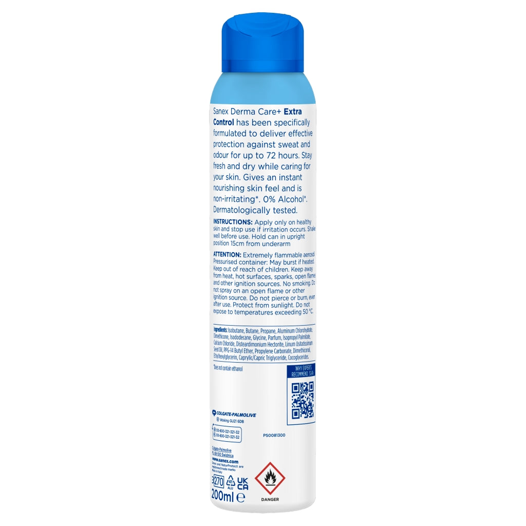 Sanex Derma Care+ Extra spray bottle with blue cap and label on a white background