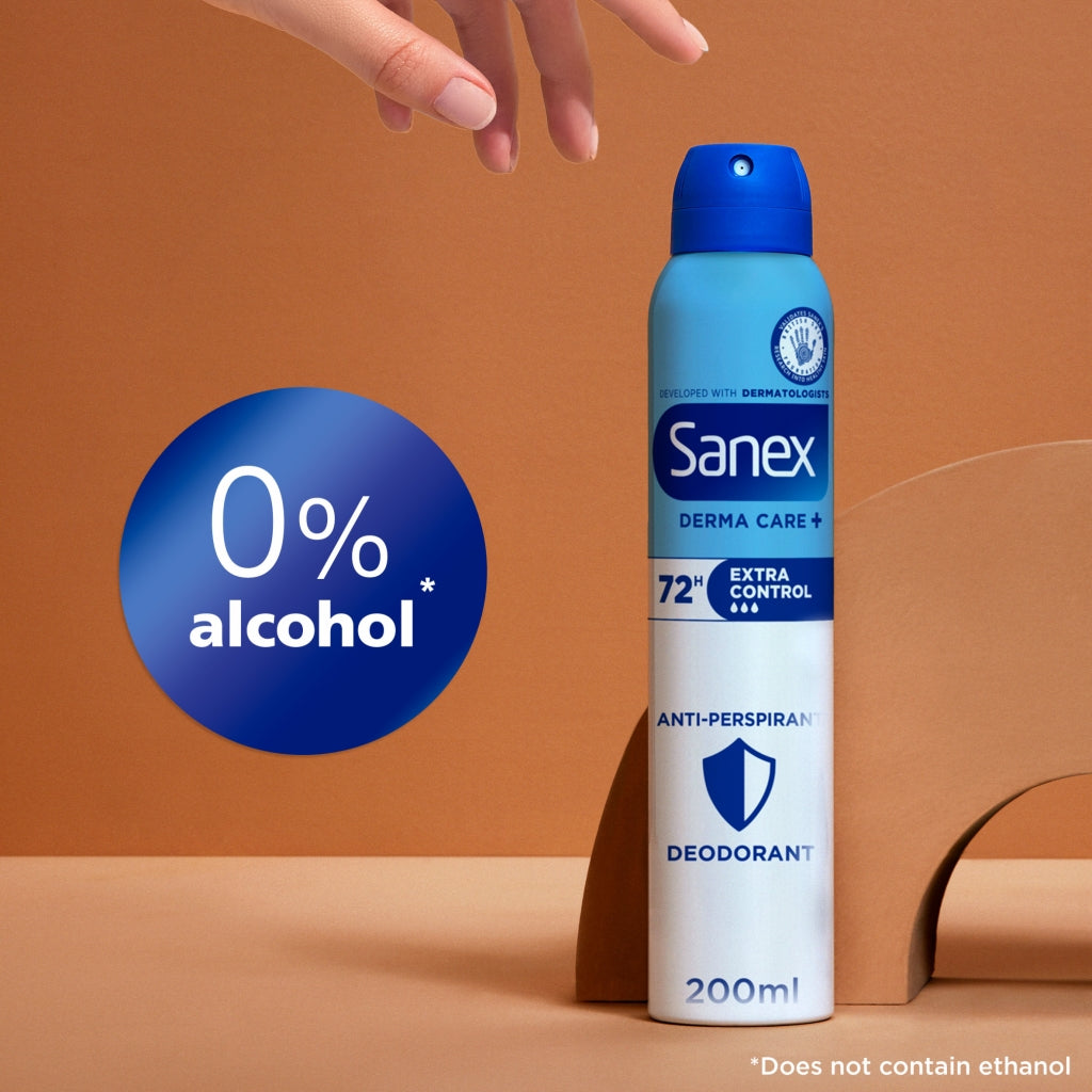 Sanex deodorant spray with 0% alcohol label on a brown background