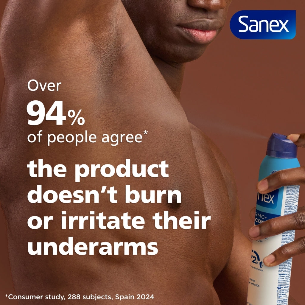 Person holding a Sanex product with text about its effectiveness on underarms.