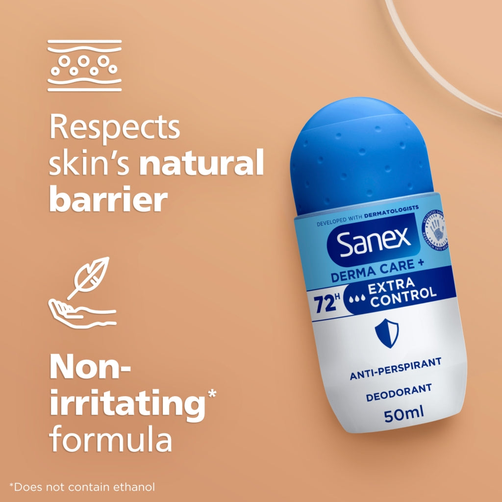 Sanex deodorant roll-on with text about respecting skin's natural barrier and non-irritating formula on a beige background.