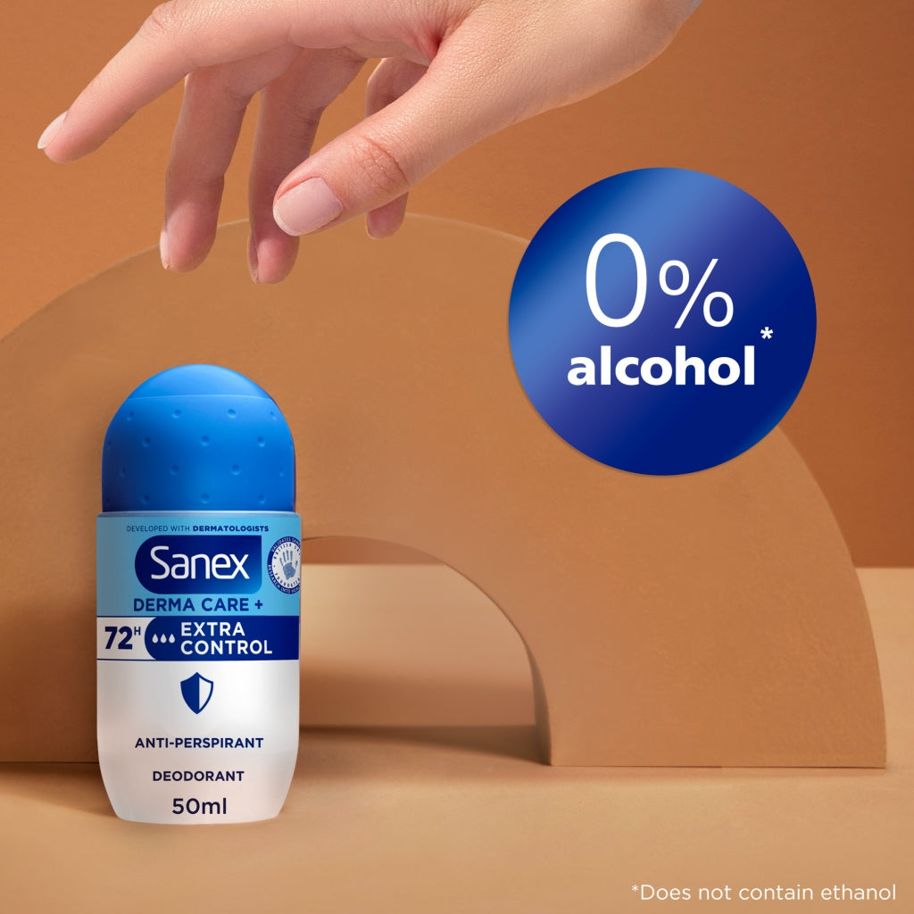 Sanex deodorant bottle with '0% alcohol' label on a brown background