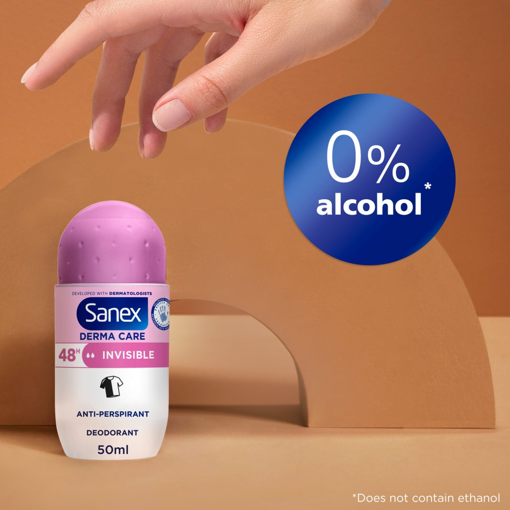 Sanex derma care deodorant roll-on with a hand and alcohol-free label on a brown background