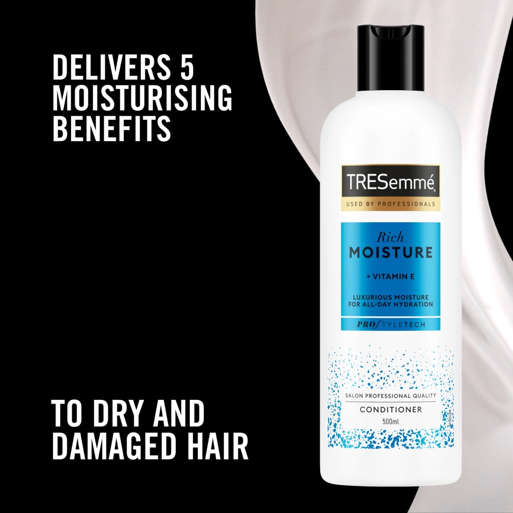 TRESemmé Rich Moisture conditioner bottle with text on a black background