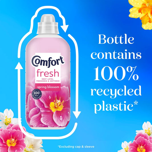 Comfort fresh bottle with flowers on a blue background, highlighting recycled plastic content.