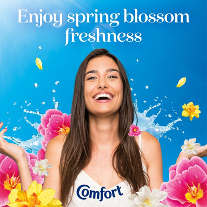 Woman with flowers and 'Comfort' branding against a blue background with text 'Enjoy spring blossom freshness'.